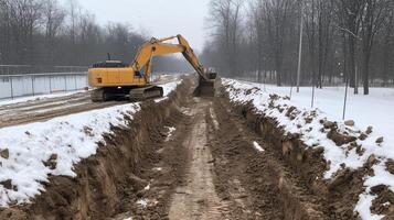 Excavator in Snowy Trench for Pipe Installation in Winter Utility Road Work photo