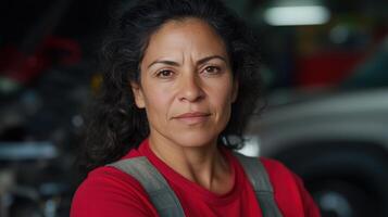Female Mechanic in Workshop Wearing Red Shirt and Overalls, Focusing on Automotive Repair, Confident Expression, Hispanic Descent, Professional Environment, Black Hair, Indoor Setting, Natural Light photo