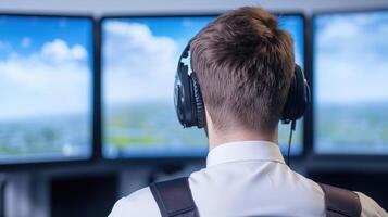 Pilot Using Advanced Flight Simulator with Three Screens and Headset in Modern Technology Training Environment photo