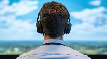 Pilot Using Advanced Flight Simulator with Multiple Screens in High-Tech Training Environment with Headphones and Virtual Landscape photo
