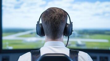 Pilot in Advanced Flight Simulator with Multiple Screens for Training in Aviation Technology and Safety Skills Development photo