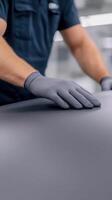 Skilled Technician Precisely Applying Protective Surface Coating in Modern Industrial Setting with Focus on Hands Wearing Gloves for Enhanced Precision and Safety photo