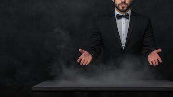 Magician Performing Spellbinding Trick with Levitating Object in Dark Atmospheric Setting Perfect for Magic Shows photo
