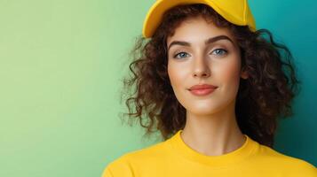 Vibrant Portrait of a Young Woman in Yellow Attire and Cap with Retro Futurism Influence and Green-Blue Gradient Background photo