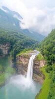 Majestic Jogini Waterfall Surrounded by Lush Greenery and Misty Mountains in 4K Vertical View Capturing Cascading Water Flow and Rainbow in Tranquil Nature Setting photo