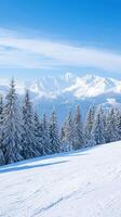 Majestic Snow-Covered Mountains and Pine Trees Under Clear Blue Sky in Winter Wonderland Capturing Serene Alpine Beauty Highlighting Pristine Nature Ideal for Travel Adventure and Relaxation photo