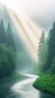 Beaming Light Over Serene River in Misty Forest Landscape with Sun Rays Through Trees in Tranquil Atmosphere photo