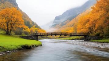 Autumn Colors and Rustic Bridge over River Ara in Ordesa National Park Surrounded by Vibrant Foliage Under Cloudy Sky with Peaceful Landscape Perfect for Nature Lovers and Seasonal Photography photo