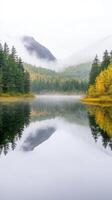 Serene Misty Morning Lake with Mountain Reflections Surrounded by Lush Forest and Autumn Colors in Peaceful Landscape Photography photo
