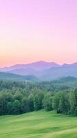 Breathtaking View of Mountain Range at Sunset with Vibrant Sky and Lush Greenery in Serene Landscape for Nature Photography Enthusiasts and Travel Inspiration photo