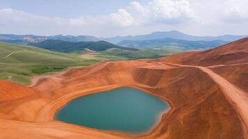 Aerial View of Vibrant Red Riotinto Mines and Turquoise Pool in Spain with Scenic Mountainous Background and Cloudy Sky photo