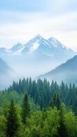 Majestic Snowcapped Mountain Peaks Overlooking Verdant Forest Landscape with Misty Horizon in Serene Nature Setting photo