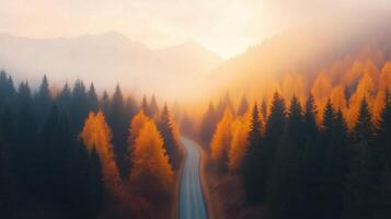 Serene Autumn Road Through Foggy Forest with Sunlight Breaking Over Misty Mountains photo