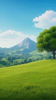 Lush Green Hills Under Clear Blue Sky With Single Tree, Ideal For VR Game Backdrops, Featuring A Mountain And-Fluffy Clouds In A Serene Landscape, Evoking Tranquility And Endless Possibilities photo