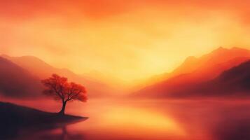 Stunning Digital Painting of Vibrant Sunrise Over Serene Lake with Dramatic Mountains and Trees photo