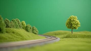 Miniature Model Train Scene on Green Screen Background with Scenic Landscape Featuring Tracks and Lush Greenery for Creative Design and Marketing Projects in Photography and Videography photo