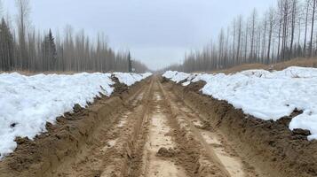 Roadside Utility Trench with Large Pipe Installation for Infrastructure Development in Winter Landscape with Snow and Exposed Earth photo
