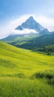 Majestic Clouds Over Breathtaking Mountain with Lush Green Valley Under Blue Sky Offering Stunning Scenic Beauty and Tranquil Atmosphere Ideal for Nature Lovers and Landscape Photography photo