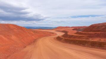 Martian-Like Landscape of Riotinto Mines Evoking Planetary Mystery and Abstract Earthly Terrain Under Expansive Sky with Rugged Red Hills and Dramatic Rocky Scenic Curvature in Natural Light photo