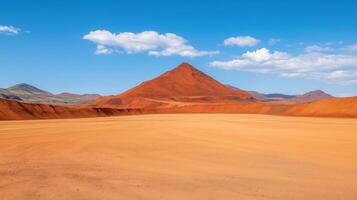 Mars-Like Landscape of Riotinto Mines with Red Terrain and Clear Sky in Arid Desert Environment Under Bright Blue Sky with Fluffy White Clouds Capturing Unique Geological Features photo