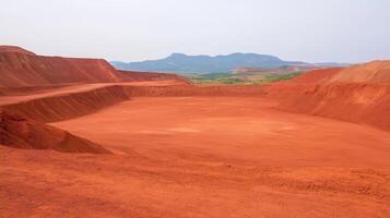 Martian Landscape at Riotinto Mines with Rugged Red Terrain and Distant Hills Captured in AR 169 Style Highlighting Mars-like Atmosphere and Unique Geological Formations in Stark Contrast photo