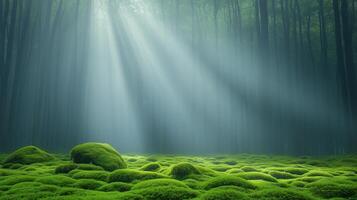 Morning Light Filters Through Trees of Urbasa Forest with Lush Green Moss and Atmospheric Rays photo