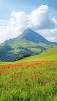 Majestic Mountain View With Vibrant Red Wildflowers in Foreground and Expansive Green Landscape Under Blue Sky With Fluffy Clouds Perfect for Nature and Spring Season Themes in Stock Photography photo
