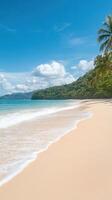 Panoramic View of a Tropical Sandy Beach with Clear Blue Sky and Palm Trees, Perfect for Summer, Nature, and Travel Concepts, Showcasing Idyllic Coastal Scenery and Exotic Vacation Destinations photo