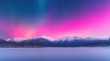 Northern Lights Over Snowy Mountains Under Vibrant Night Sky With Pink And Green Aurora Reflections In Serene Winter Landscape Perfect For Nature Enthusiasts And Photographers Alike photo