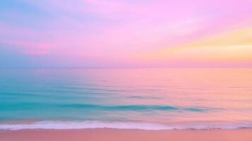 Panoramic Nature Landscape View of Beautiful Beach with Serene Sunset and Soft Ocean Waves in Pastel Colors, Tranquil Seascape for Relaxation and Meditation, Inspirational Natural Beauty photo