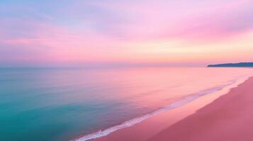 Panoramic Nature Landscape View of Beautiful Beach and Sea During Sunset with Pink and Purple Sky in Tranquil and Serene Atmosphere for Dreamy Summer Vacation and Relaxation photo