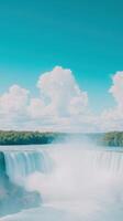 Stunning Waterfalls Surrounded by Lush Trees Under a Bright Sunny Sky with Gentle Mist and Vibrant Blue Horizon Capturing Nature's Beauty and Tranquility in a Serene Landscape Photography photo