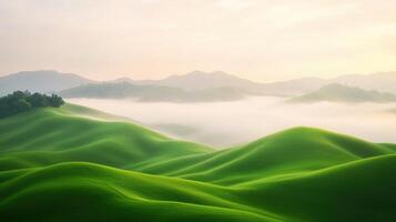 Serene Landscape of Rolling Hills Covered in Morning Mist with Lush Greenery and Tranquil Atmosphere at Sunrise, Emphasizing Natural Beauty and Calming Nature Scene for Inspirational Design photo