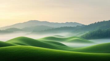 Serene Landscape of Rolling Hills Covered in Morning Mist with Lush Greenery and Distant Mountain Range Under Soft Sunrise Light for Tranquil Nature Scene Peaceful Tranquility Stock Photography photo
