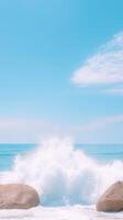Slow Motion Waves Crashing on Huge Stones Under Clear Blue Sky at the Beach with Calm Ocean and Puffy Clouds Perfect for Summer Themes and Nature Lovers Seeking Serenity and Coastal Beauty photo