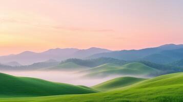 Serene Landscape of Rolling Hills Covered in Morning Mist with Soft Sunrise Glow and Tranquil Atmosphere Offering a Peaceful Nature Escape to Calm and Inspire Mindfulness and Inner Healing photo