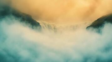 Majestic Waterfall Mist at Skogafoss in Iceland With Cinematic Slow Motion Amidst Vibrant Sunset and Misty Surroundings Creating a Peaceful and Ethereal Landscape for Nature Photography Lovers photo