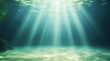Serene Underwater Scene With Sun Rays Penetrating the Surface, Illuminating Sandy Ocean Floor, Creating Tranquil Atmosphere, Perfect Harmony of Nature and Light, Ideal for Meditation Spaces photo