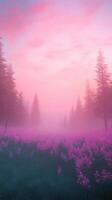 Misty forest landscape with tall trees and vibrant pink wildflowers under a soft pastel sky Tranquil nature and serene atmosphere concept for environmental and seasonal design photo