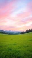 Vibrant Sunset Over Lush Meadow with Rolling Hills and Forest Silhouette in Artistic AR 916 Style for Nature Landscapes and Serene Outdoor Wall Art Photography photo