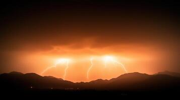 Dramatic Thunderstorm Over Mountains with Striking Lightning Bolts Illuminating Night Sky photo