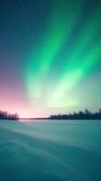Enchanting Northern Lights Over Snowy Landscape With Starry Sky Creating a Mesmerizing Winter Scene in Nature, Perfect for Winter-themed Photography, Backgrounds, and Travel Inspiration photo