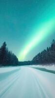 Majestic Northern Lights Over Snowy Forest Path in Serene Winter Nighttime Landscape with Aurora Borealis Illuminating Stars in Clear Sky photo