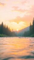 Serene Sunrise Over River with Sunlight on Trees in Tranquil Landscape, Soft Color Palette, Outdoor Nature photo