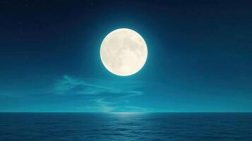 Full Moon Over Calm Sea at Night in Minimalist Style with Deep Blue Sky, Smooth Ocean Surface, Clear Horizon and Bright Moonlight Creating a Tranquil and Serene Atmosphere, Night Sky View photo
