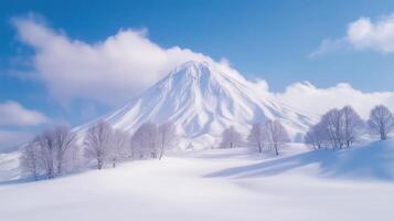 Snow-Covered Volcano Under Clear Blue Sky with Sunlit Landscape and Trees in Winter Scenery Showcasing Serene Beauty and Natural Wonder in 169 Aspect Ratio for Visual and Design Inspiration photo