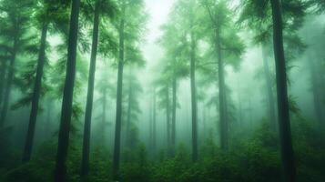Mysterious Enchanted Foggy Forest With Tall Trees Creating a Mystical Atmosphere During Early Morning Misty Sunrise Journey Through Nature and Wildlife photo