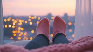 Cozy Reading Session by the Window with Pink Socks and City Lights at Dusk in 169 Aspect Ratio Captured in Raw photo