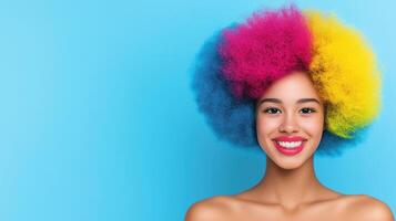 Colorful Portrait of a Cheerful Young Woman with Vibrant Multicolor Hair Against Blue Background, Highlighting Bright Fashion and Positive Vibes, Perfect for Artistic and Inspirational Use photo