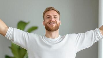 Joyful Caucasian Man Dancing Indoors with Arms Raised Celebrating Happiness in Modern Style Portrait for Fun and Lively Stock Photography with Vibrant Energy and Positive Vibes in Casual Setting photo